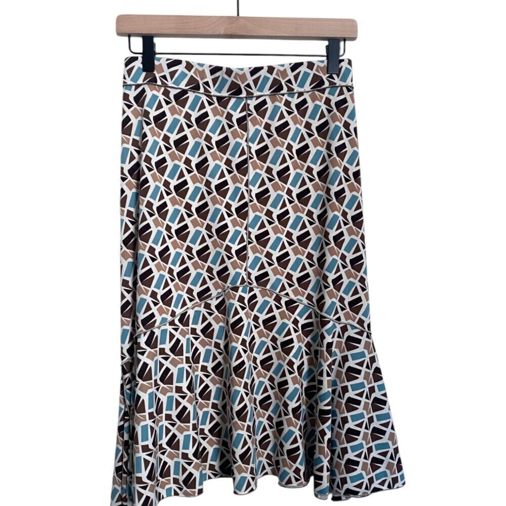 Vintage 90s Geometric Print Midi Skirt - Flounce Hem L